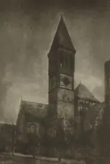 Marguerite E. Dewitt, Untitled (Steeple) (2), 1915, One platinum and one gum bichromate print, the first tipped to creme card then tipped again to thick ochre board, the second mounted to board