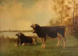 Two cows by the water's edge by Dutch School, oil on canvas laid down on board, sold Apr 2012