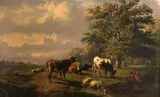 A landscape with cattle grazing and two figures fishing by a stream by Dutch School, oil on panel, sold Apr 2012