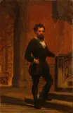 A gentleman in historical costume by a staircase by English School, oil on board, sold Apr 2012