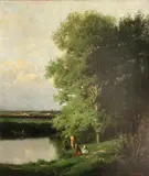 Flogny, A river landscape with figures on the bank, oil on canvas