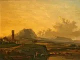 An extensive landscape with figures and cattle in the foreground by French School, oil on panel, sold Apr 2012