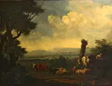 A landscape with a shepherdess and animals by a stream by called Der Utrechter Jan Kobell Ii, oil on canvas, sold Apr 2012