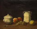 George Smith, A still life with apples, grapes and crockery, oil on canvas