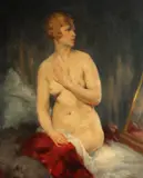 Jules Louis Tavernier, Nude with a red drape, oil on board