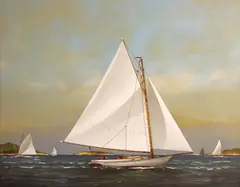 Vern Broe, Catboats off the coast, oil on canvas board