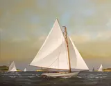 Vern Broe, Catboats off the coast, oil on canvas board