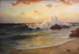 Angel Espoy, Waves crashing at sunset, oil on canvas