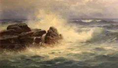 Waves crashing on a rocky coast by Nels Hagerup, 1901, oil on canvas, sold Apr 2012