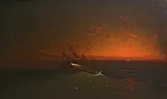 Vander Hyde, Shipwreck at sunset, oil on canvas affixed to board