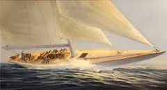 B. Allen Miff, Yacht at full sail; Two ships in a harbor by Marshall Owen (two), first, oil on masonite; second, oil on canvas