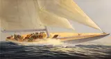 B. Allen Miff, Yacht at full sail; Two ships in a harbor by Marshall Owen (two), first, oil on masonite; second, oil on canvas