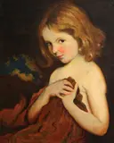 Portrait of a girl with an orange robe by American School, oil on canvas, sold Apr 2012
