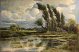 Manuel Valencia, Wind swept trees beside a pond, oil on canvas