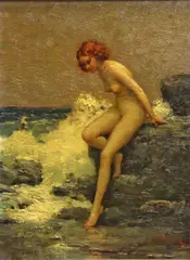 Joseph Tomanek, Nude on a rocky coast, oil on board
