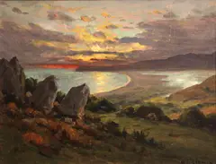 Stinson Beach, looking toward Bolinas by Manuel Valencia, oil on board, sold Apr 2012