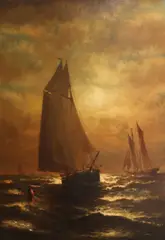 Ships at dusk by Wesley Webber, oil on canvas affixed to board, sold Apr 2012