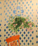 John Botz, Still life with flowers and an orange chair, mixed media on paperboard