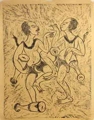 Manit Phu-Aree, Untitled (Drummers); Untitled (Still-life), 1960; 1961, Woodcut or color lithograph on wove paper, each signed in pencil