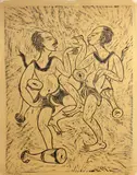 Manit Phu-Aree, Untitled (Drummers); Untitled (Still-life), 1960; 1961, Woodcut or color lithograph on wove paper, each signed in pencil