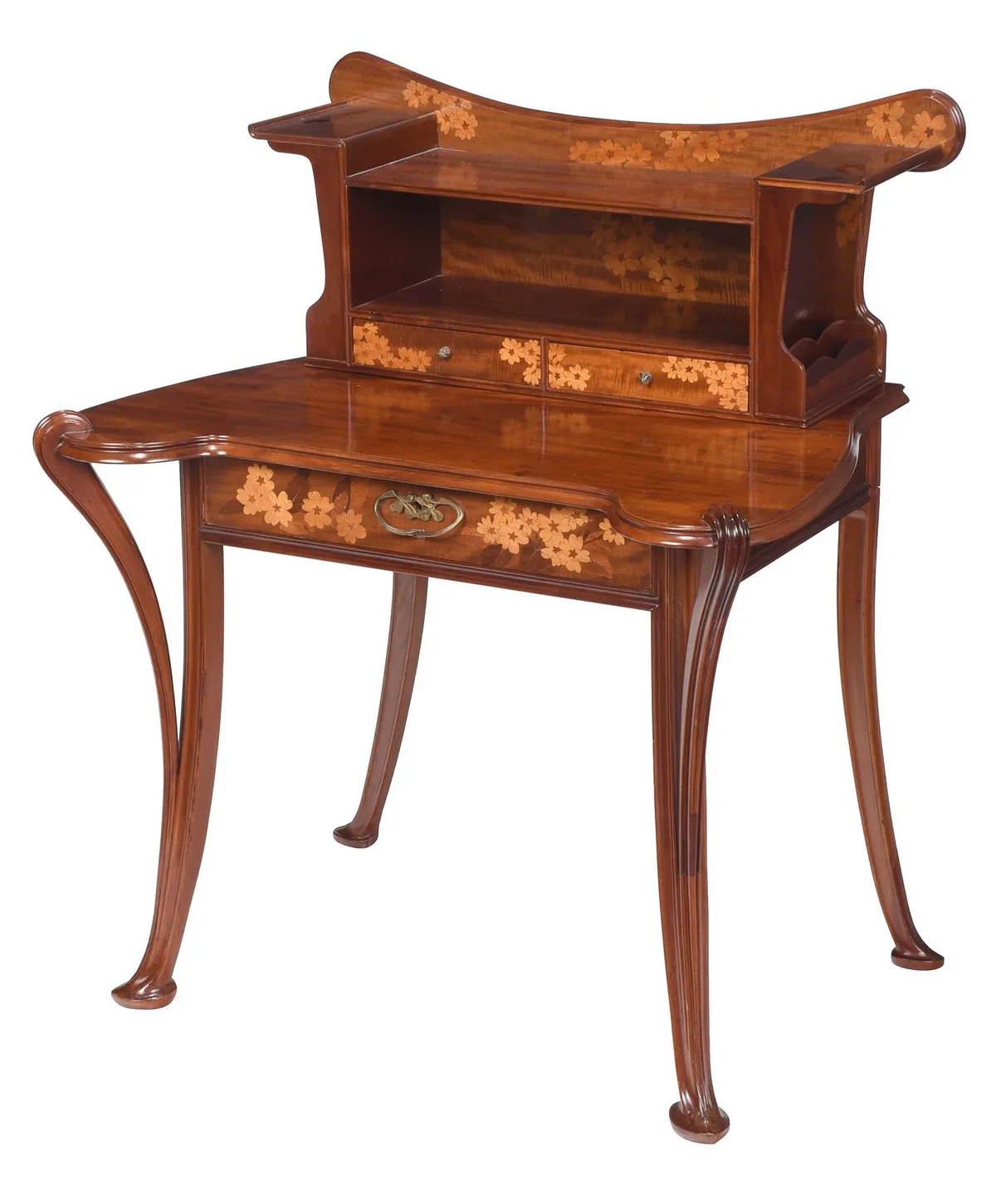 Majorelle, French Art Nouveau Marquetry Inlaid Mahogany Desk, circa 1900, figured mahogany with leaf marquetry inlay
