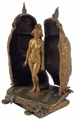 Franz Bergman, METAMORPHIC BRONZE SCULPTURE, OWL & FEMALE NUDE, Cold-painted bronze metamorphic sculpture