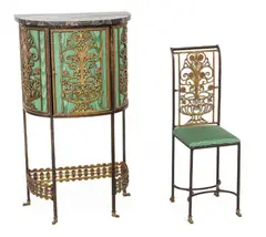 Oscar Bach, Wrought Iron and Bronze Telephone Cabinet and Chair Early 20th Cen., Depth 13.5" 2 PCS
