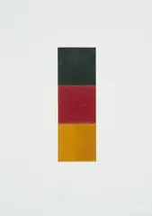 Gerhard Richter, Schwarz, Rot, Gold I, 1998, Drei mit Ölfarbe überarbeitete Quadrate aus weißem Halbkarton, collagiert auf weißem Karton