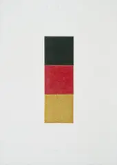 Gerhard Richter, Schwarz, Rot, Gold I, 1998, Drei mit Ölfarbe überarbeitete Quadrate aus weißem Halbkarton, collagiert auf weißem Karton