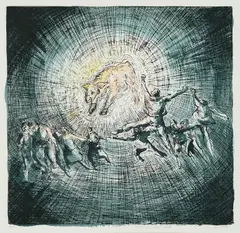 Ulrike Theusner, Tanz ums Goldene Kalb, 2015, Radierung, koloriert mit Tusche und Aquarell auf Bütten