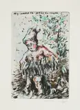 Ulrike Theusner, Ego Problem (Aus: The Tragic Life of Desperate Artbitches), 2015, Kaltnadel, koloriert mit Tusche und Aquarell auf Bütten
