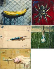 Katrin Heichel, "Schwimmer" / "Vogelspinne" / "Glühbirne" / "Barbykopf" / "Kunst-Banane", 2009, 2010 und 2012, Öl auf Leinwand