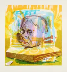 Dana Schutz, Ohne Titel (Head of Timothy Leary) (für Parkett 75), 2005, Farbholzschnitt mit Farblithografie auf Bütten