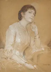 Franz von Lenbach, Porträt einer vornehmen jungen Dame in elegantem Kleid, 1885, Pastell über Bleistiftzeichnung auf Karton
