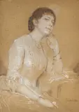 Franz von Lenbach, Porträt einer vornehmen jungen Dame in elegantem Kleid, 1885, Pastell über Bleistiftzeichnung auf Karton