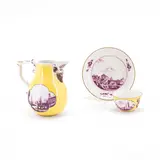 Meissen, Kanne, Koppchen und Untertasse mit gelbem Fond und Purpurmalerei, Porzellan, farbiger Fond, purpur staffiert