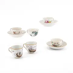 Frankenthal, Sechs Tassen und drei Untertassen mit Vogeldekoren, Blumen und Landschaftsszenen, 1762-1797, Porzellan, farbig staffiert