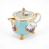 Cremetopf mit Türkisfond und Landschaftskartuschen by Meissen, Spätes 18. Jh, Porzellan, farbig und gold dekoriert, sold Nov 2023