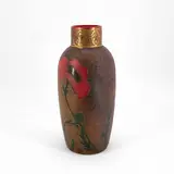 Legras et Cie., Ovoide Vase mit Mohndekor, 1900-1914, Farbloses Glas, rot-orange hinterfangen mit grünen Metallglitter-Einschmelzungen