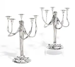 Paar prunkvolle Jugendstil Girandolen by Orivit Metallwarenfabrik, Zinn poliert, sold Nov 2016
