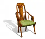 Armlehnstuhl mit Schwanenhalslehnen by Louis Majorelle, Um 1900, Mahagoni, Nussbaum und Obstholz poliert und eingelegt, sold Nov 2020