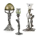 Wmf, JUGENDSTIL TABLE LAMP, CIRCA 1900, 1900, silvered metal with associated glass shades, 43cm and 36cm high (3)