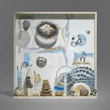 Mary Bauermeister, Introverted Tools, 1971, ink, offset print, glass, glass lens, wooden sphere, stones, plastic and painted wood construction