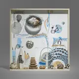 Mary Bauermeister, Introverted Tools, 1971, ink, offset print, glass, glass lens, wooden sphere, stones, plastic and painted wood construction