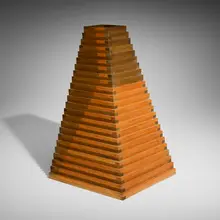 Jackie Ferrara, Red and Black Pyramid 277 (sculpture and drawing), stained poplar; colored pencil and ink on graph paper
