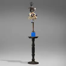 vanessa german, Sometimes I be so sad it’s like I think I almost cannot make it but then I do (hammer piece), 2012, wood, plaster, wood glue, tar, pigment, pulley, hammer, old german doll head, vintage hard plastic doll parts, African trade beads, pad lock, glass bottles, electrical plug, beads, keys, buttons, twine, newspaper, cloth, earth