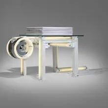 Iván Navarro, Victor (The Missing Monument for Washington DC or A Proposal for a Monument for Victor Jara), 2008, fluorescent lights, enameled steel, glass, posters