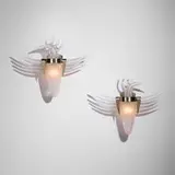 Dan Dailey, Bird Sconces, pair, 1999, diamond cut, sandblasted, and acid-polished crystal, chrome-plated brass, glass
