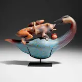 William Morris, Bird Rattle with Frog, 1989, hand-blown, vitrified and hot-sculpted glass, steel base