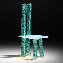 Danny Lane, Solomon Chair, 1988, stacked hammer-chipped and polished glass, opaque glass, steel rods